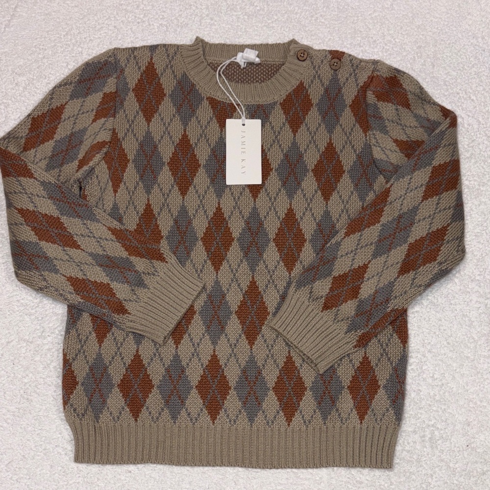 Jamie Kay Beige Argyle Knit Sweater with Rust & Gray Diamonds boys 7